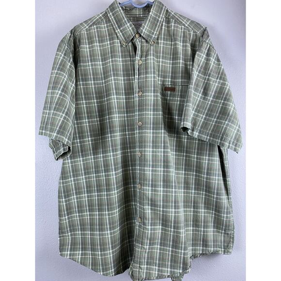 Carhartt Shirt Mens XL Short Slv Button Down Pocket Tan Brown Plaid Logo Shirt - Picture 1 of 11